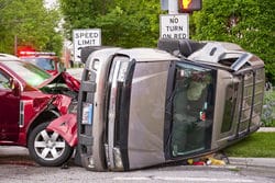 Depicts two cars post accident.