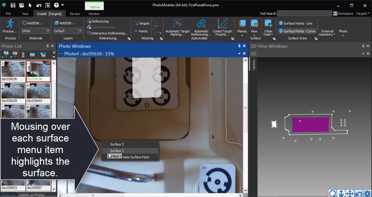 PhotoModeler 2021.1 New Surface Selection Menu